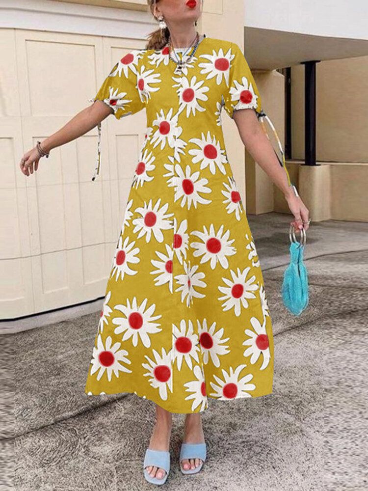 Vestido Maxi De Vacaciones Con Cuello Redondo Y Manga Corta Con Estampado Floral Para Mujer