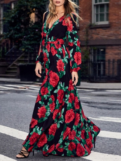 Vestido Maxi De Vacaciones Con Cuello En V Y Manga Larga Con Estampado Floral Para Mujer