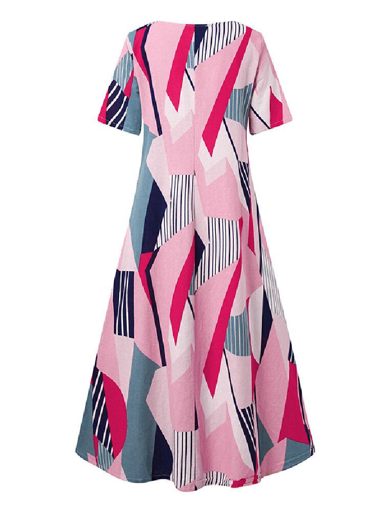 Vestido Maxi De Vacaciones Con Estampado De Color De Contraste Geométrico De Algodón Con Bolsillos Laterales