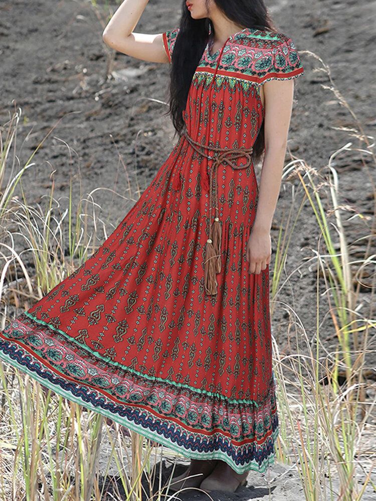 Vestido Maxi De Vacaciones De Manga Corta Con Cuello En V Y Estampado Floral Vintage Bohemio Para Mujer