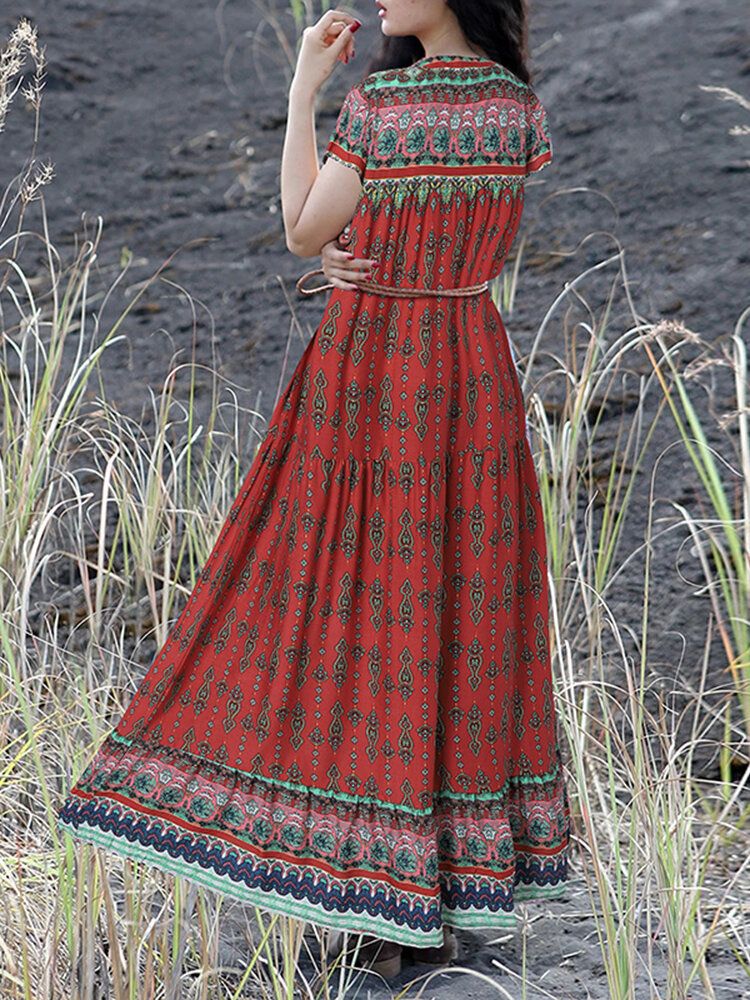 Vestido Maxi De Vacaciones De Manga Corta Con Cuello En V Y Estampado Floral Vintage Bohemio Para Mujer