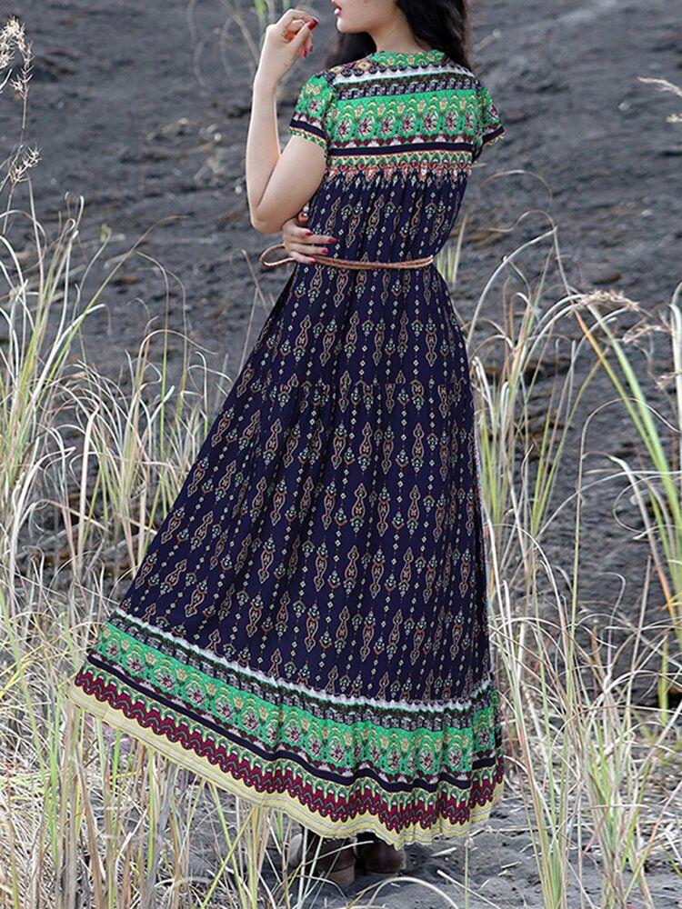 Vestido Maxi De Vacaciones De Manga Corta Con Cuello En V Y Estampado Floral Vintage Bohemio Para Mujer