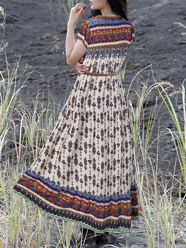 Vestido Maxi De Vacaciones De Manga Corta Con Cuello En V Y Estampado Floral Vintage Bohemio Para Mujer