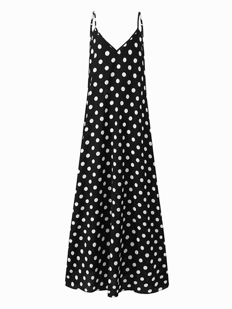 Vestido Maxi De Verano Sin Mangas Con Cuello En V Y Estampado De Lunares