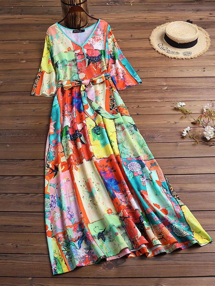 Vestido Maxi Vintage Con Cinturón Y Manga Larga Con Cuello En V Y Estampado Colorido Para Mujer