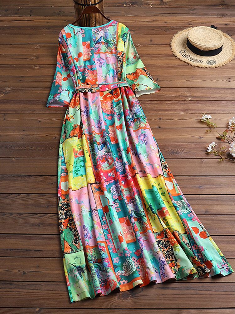 Vestido Maxi Vintage Con Cinturón Y Manga Larga Con Cuello En V Y Estampado Colorido Para Mujer