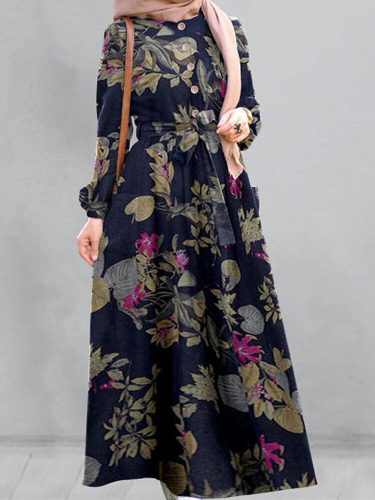 Vestido Maxi Vintage Con Manga Abullonada Y Estampado Floral De Algodón Para Mujer Bolsillos Laterales Plisados Bata Suelta