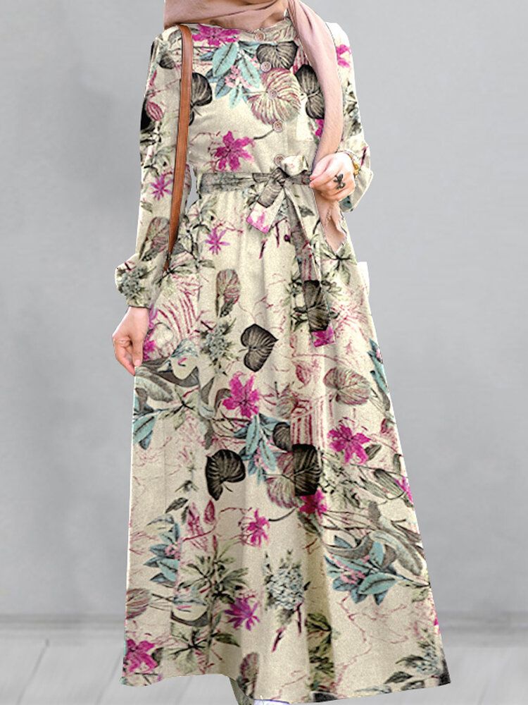 Vestido Maxi Vintage Con Manga Abullonada Y Estampado Floral De Algodón Para Mujer Bolsillos Laterales Plisados Bata Suelta