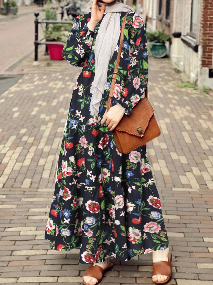 Vestido Musulmán Informal Con Botones Plisados Y Mangas Abullonadas Con Estampado Floral Para Mujer