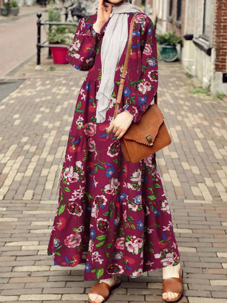 Vestido Musulmán Informal Con Botones Plisados Y Mangas Abullonadas Con Estampado Floral Para Mujer