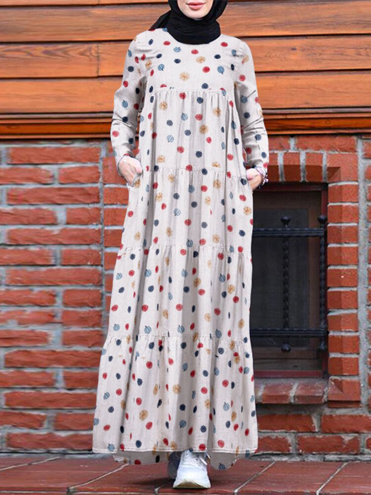 Vestido Musulmán Informal Plisado De Manga Larga Con Estampado Floral Colorido En Capas De Patchwork Para Mujer