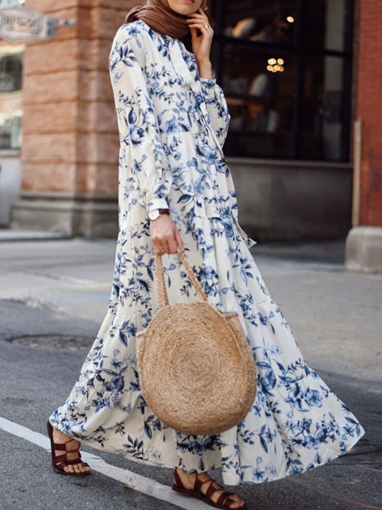 Vestido Musulmán Largo Con Cuello En V Y Manga Abullonada Con Estampado Floral Abaya Kaftan Para Mujer