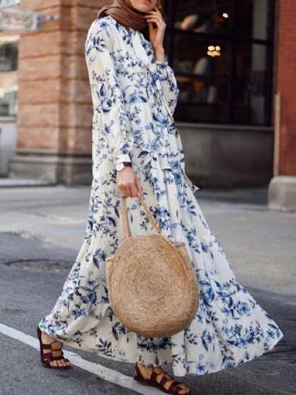 Vestido Musulmán Largo Con Cuello En V Y Manga Abullonada Con Estampado Floral Abaya Kaftan Para Mujer