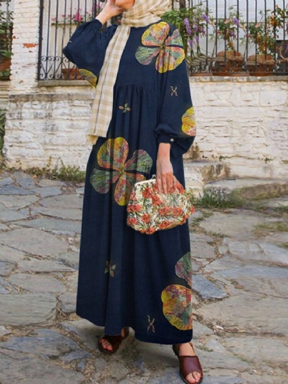 Vestido Musulmán De Manga Abullonada Con Estampado Floral De Hojas Para Mujer Vestido Informal Abaya Kaftan