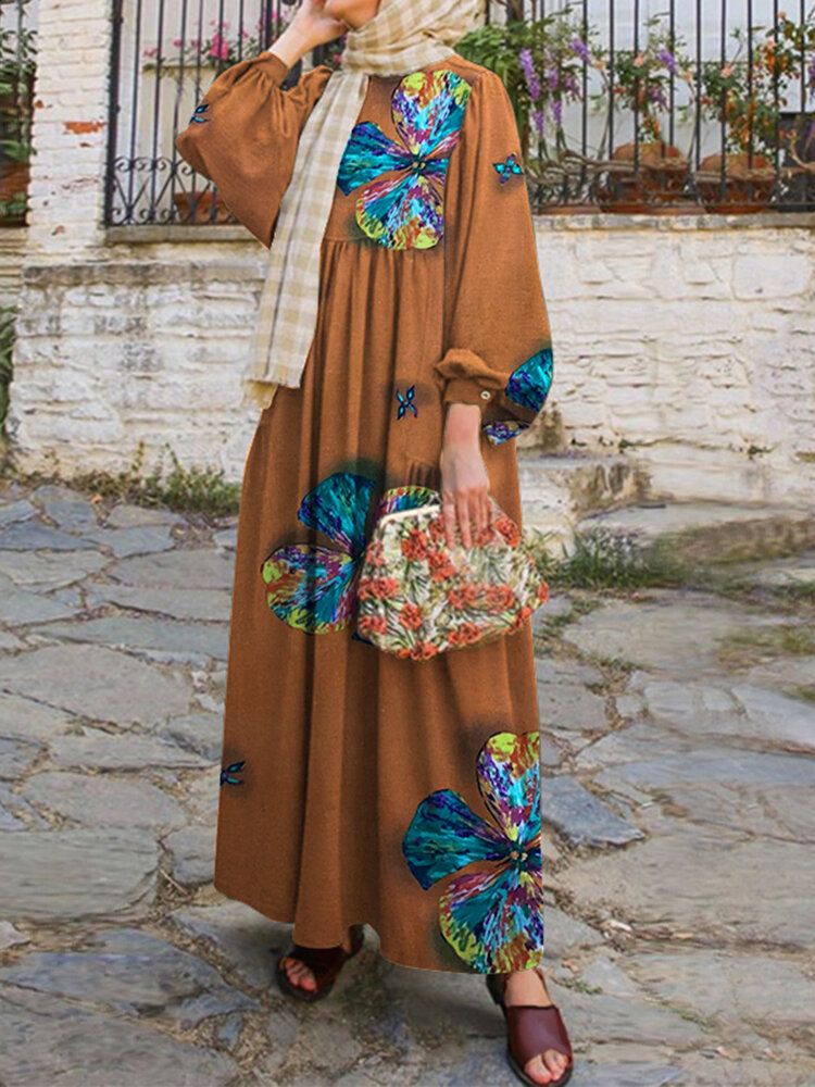 Vestido Musulmán De Manga Abullonada Con Estampado Floral De Hojas Para Mujer Vestido Informal Abaya Kaftan