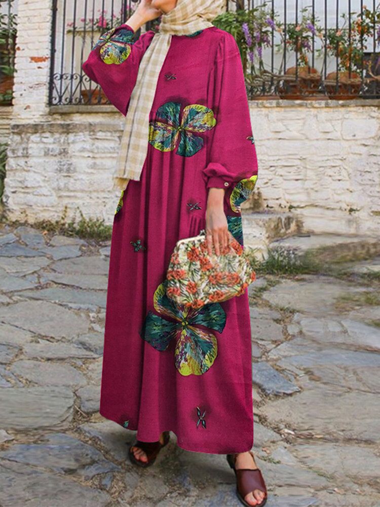 Vestido Musulmán De Manga Abullonada Con Estampado Floral De Hojas Para Mujer Vestido Informal Abaya Kaftan