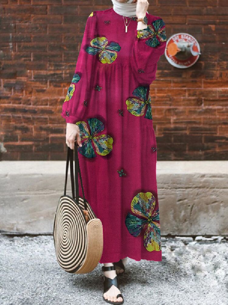 Vestido Musulmán De Manga Abullonada Con Estampado Floral De Hojas Para Mujer Vestido Informal Abaya Kaftan