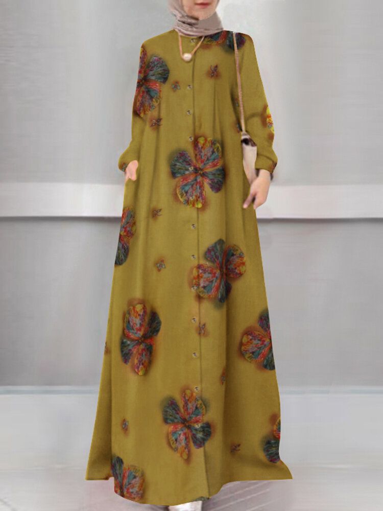 Vestido Musulmán De Manga Larga Con Botones En Una Línea De Vacaciones Con Estampado Floral Para Mujer Abaya Kaftan Con Bolsillo