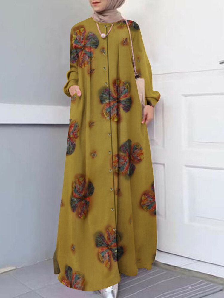 Vestido Musulmán De Manga Larga Con Botones En Una Línea De Vacaciones Con Estampado Floral Para Mujer Abaya Kaftan Con Bolsillo