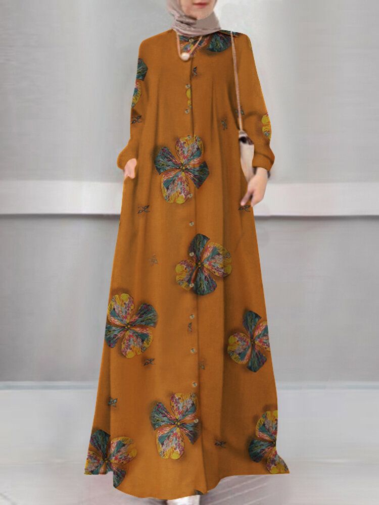 Vestido Musulmán De Manga Larga Con Botones En Una Línea De Vacaciones Con Estampado Floral Para Mujer Abaya Kaftan Con Bolsillo