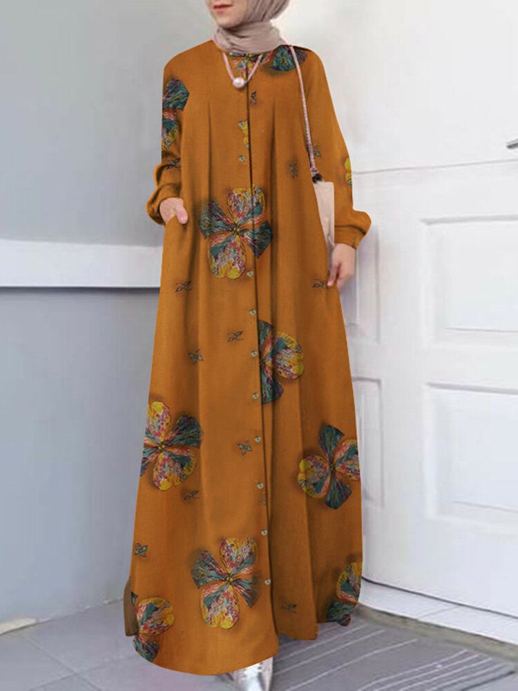 Vestido Musulmán De Manga Larga Con Botones En Una Línea De Vacaciones Con Estampado Floral Para Mujer Abaya Kaftan Con Bolsillo