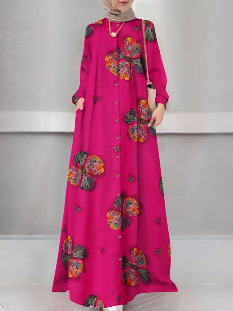 Vestido Musulmán De Manga Larga Con Botones En Una Línea De Vacaciones Con Estampado Floral Para Mujer Abaya Kaftan Con Bolsillo