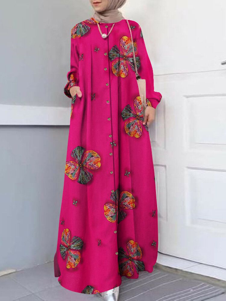 Vestido Musulmán De Manga Larga Con Botones En Una Línea De Vacaciones Con Estampado Floral Para Mujer Abaya Kaftan Con Bolsillo