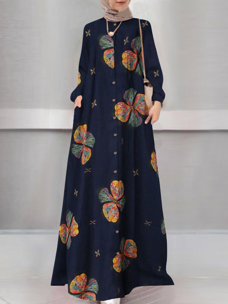 Vestido Musulmán De Manga Larga Con Botones En Una Línea De Vacaciones Con Estampado Floral Para Mujer Abaya Kaftan Con Bolsillo