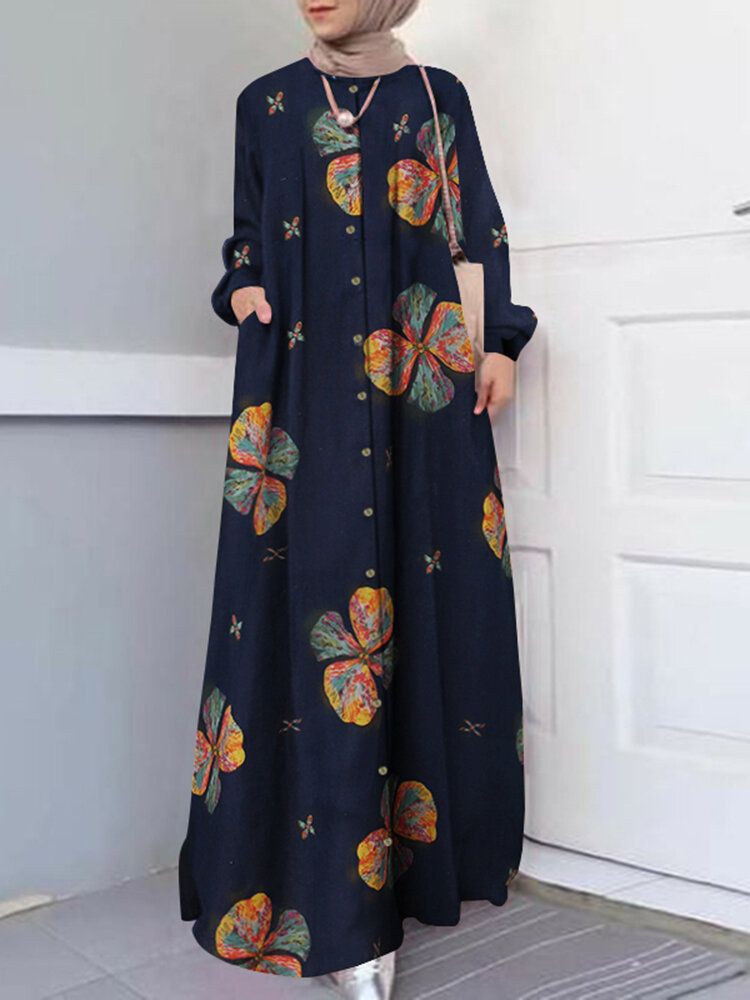 Vestido Musulmán De Manga Larga Con Botones En Una Línea De Vacaciones Con Estampado Floral Para Mujer Abaya Kaftan Con Bolsillo