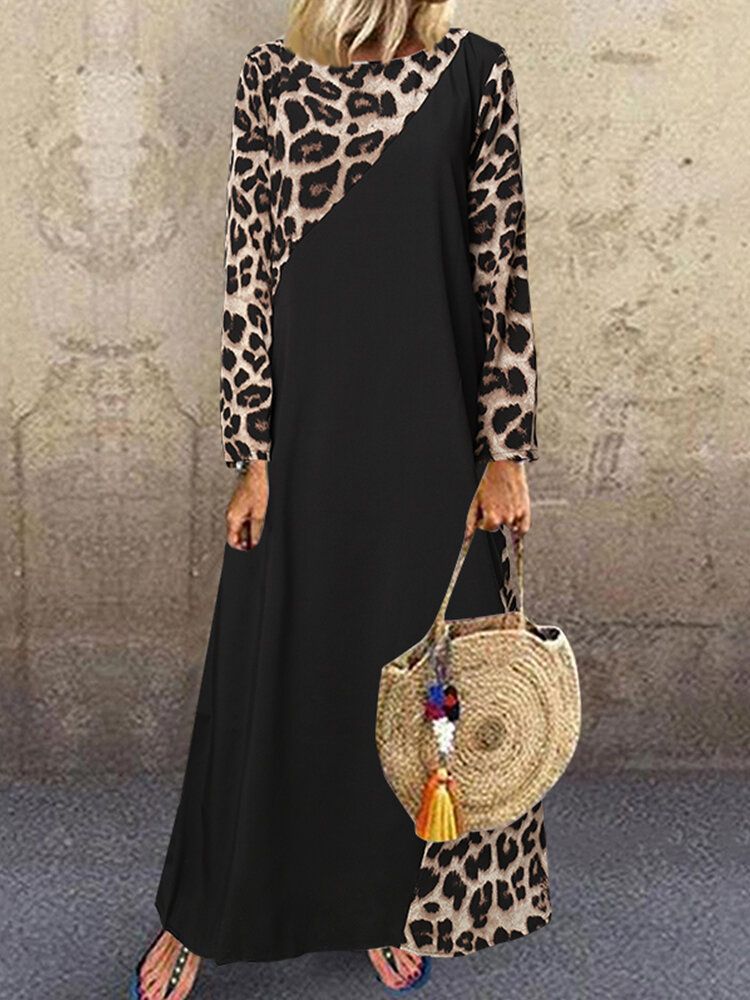 Vestido Vintage De Manga Larga Con Cuello Redondo Y Estampado De Leopardo Para Mujer