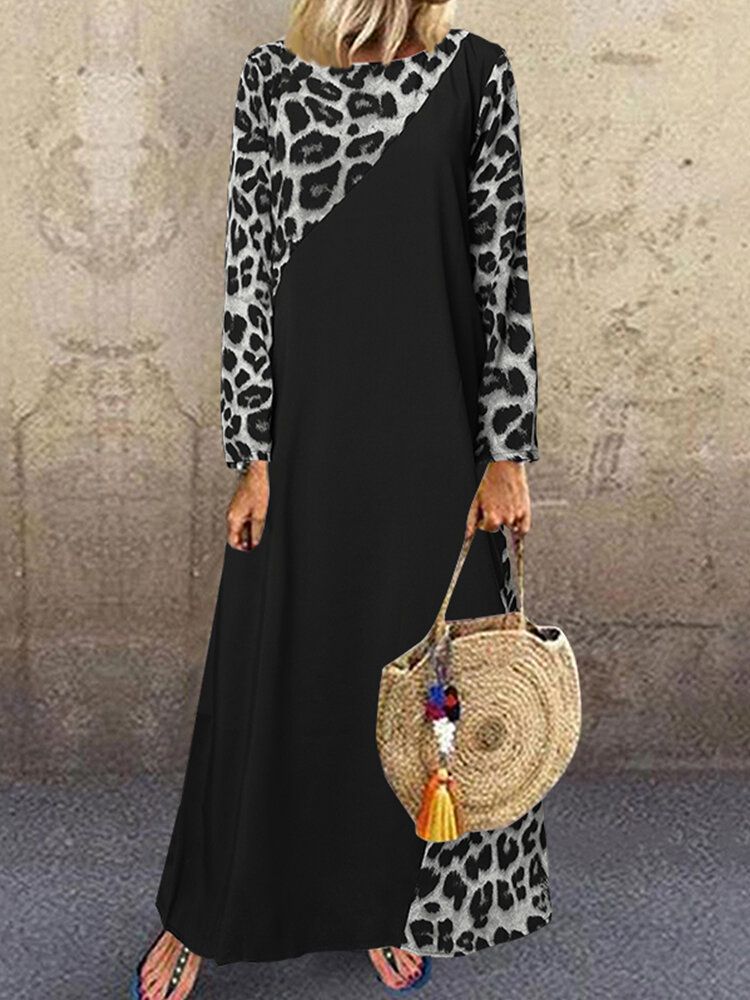 Vestido Vintage De Manga Larga Con Cuello Redondo Y Estampado De Leopardo Para Mujer