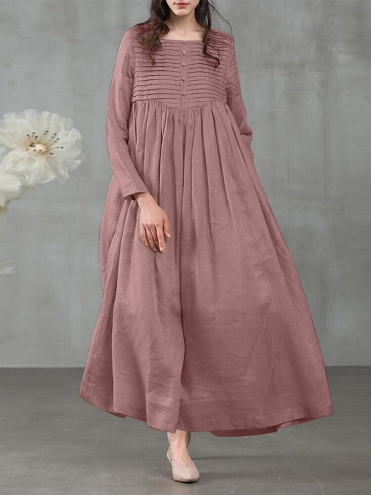 Vestido Vintage Maxi Informal Con Botones Plisados Y Cuello Cuadrado Para Mujer Con Bolsillos Laterales