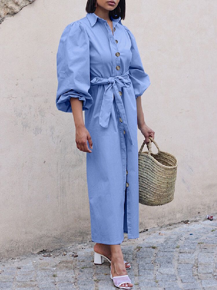 Vestidos De Camisa Maxi Casual Con Solapa Y Manga De Soplo Para Mujer Con Cinturón