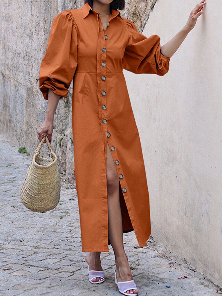 Vestidos De Camisa Maxi Casual Con Solapa Y Manga De Soplo Para Mujer Con Cinturón