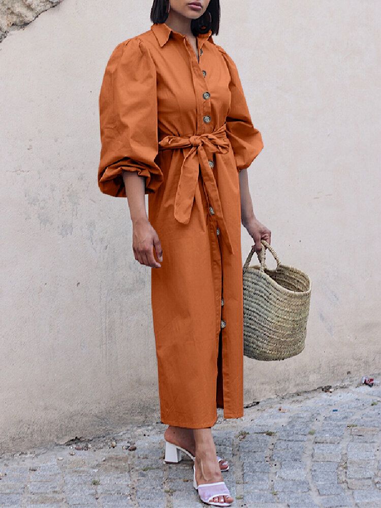 Vestidos De Camisa Maxi Casual Con Solapa Y Manga De Soplo Para Mujer Con Cinturón