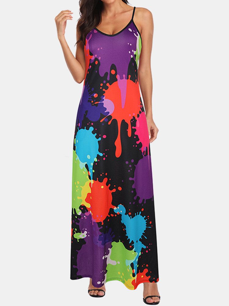 Vestidos De Deslizamiento De Tiras Maxi Casuales Con Estampado De Mezcla De Colores Para Mujer