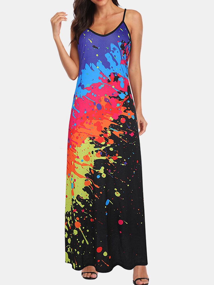 Vestidos De Deslizamiento De Tiras Maxi Casuales Con Estampado De Mezcla De Colores Para Mujer