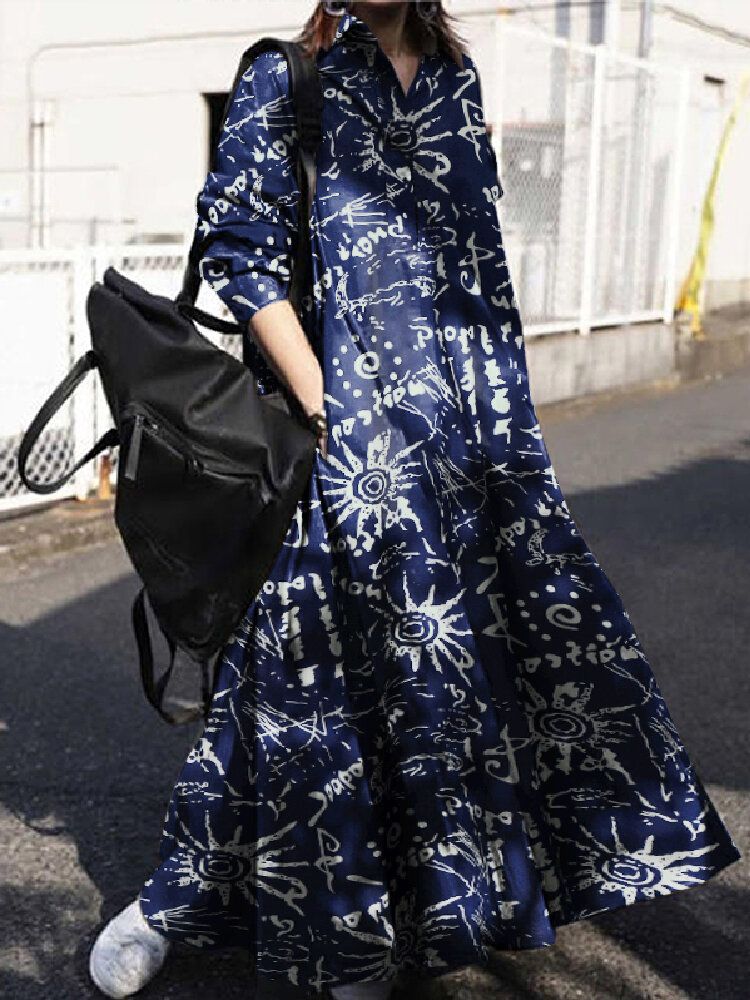 Vestidos Largos De Camisa Casual Con Solapa Y Estampado Vintage De Algodón Para Mujer Con Bolsillo