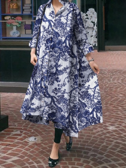 Vestidos Largos De Camisa Informal Con Dobladillo Irregular De Manga Larga Con Estampado De Plantas Vintage Para Mujer