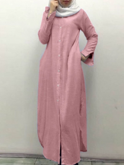 Vestidos Largos De Camisa Informal De Manga Larga Curvada Con Botones A Rayas Para Mujer