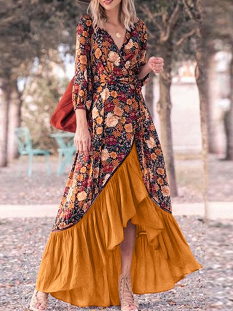 Vestidos Largos Con Dobladillo De Volantes Asimétricos Con Cuello En V Y Estampado Floral Para Mujer Con Cinturón