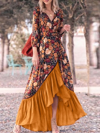 Vestidos Largos Con Dobladillo De Volantes Asimétricos Con Cuello En V Y Estampado Floral Para Mujer Con Cinturón