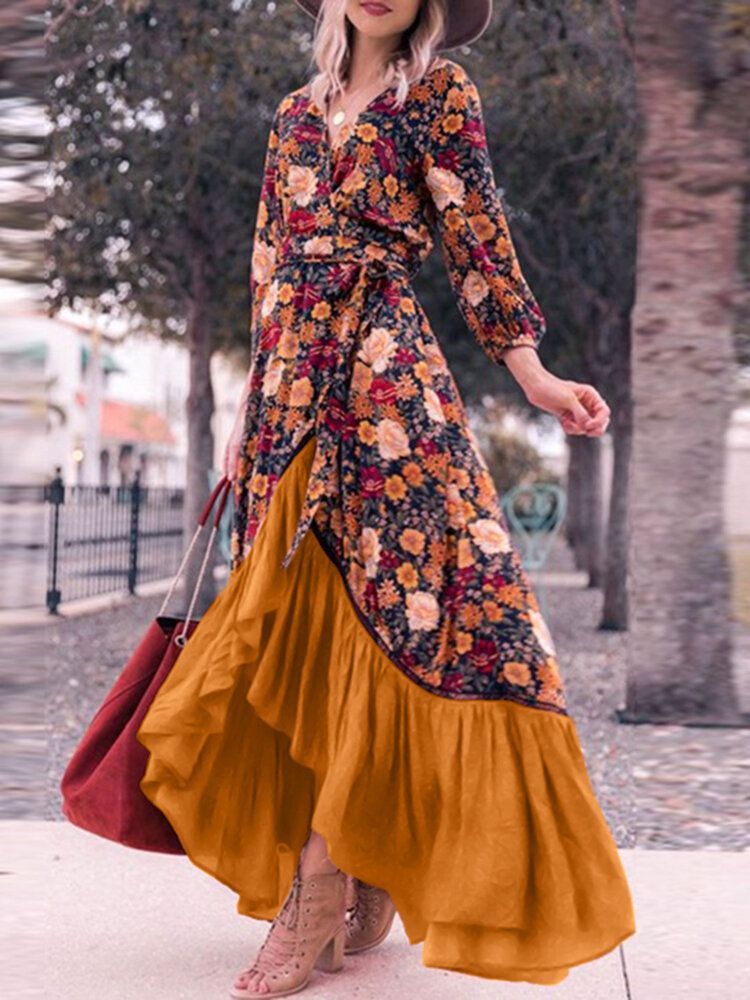 Vestidos Largos Con Dobladillo De Volantes Asimétricos Con Cuello En V Y Estampado Floral Para Mujer Con Cinturón