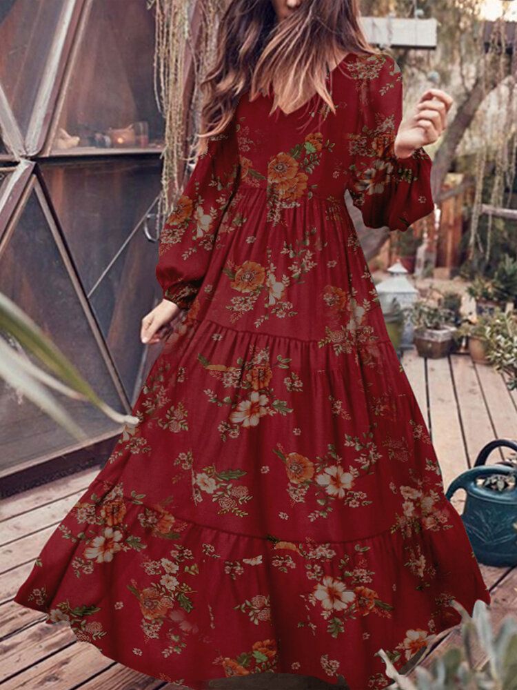 Vestidos Largos De Manga Abullonada Con Cremallera En La Espalda Con Cuello En V Y Estampado Floral Vintage Para Mujer