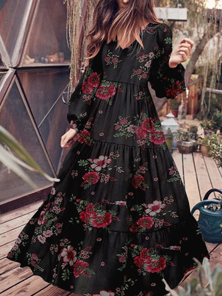 Vestidos Largos De Manga Abullonada Con Cremallera En La Espalda Con Cuello En V Y Estampado Floral Vintage Para Mujer