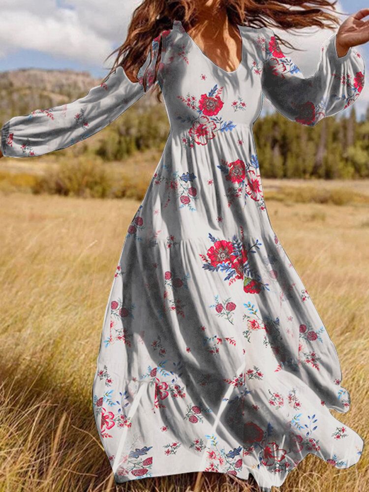 Vestidos Largos De Manga Abullonada Con Cremallera En La Espalda Con Cuello En V Y Estampado Floral Vintage Para Mujer