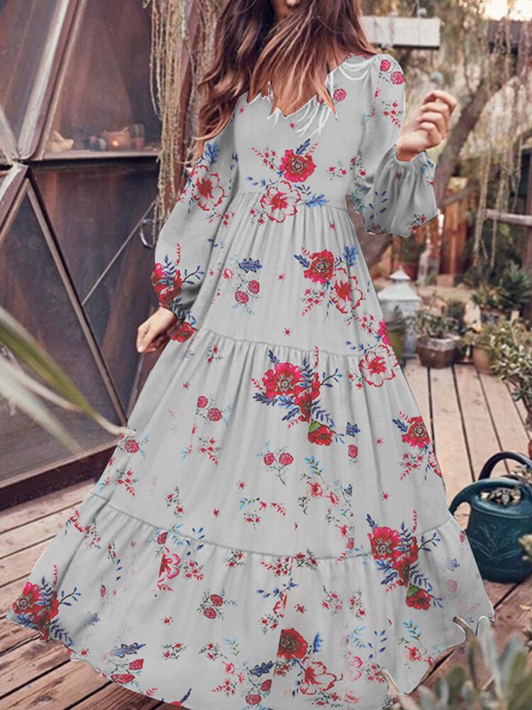 Vestidos Largos De Manga Abullonada Con Cremallera En La Espalda Con Cuello En V Y Estampado Floral Vintage Para Mujer