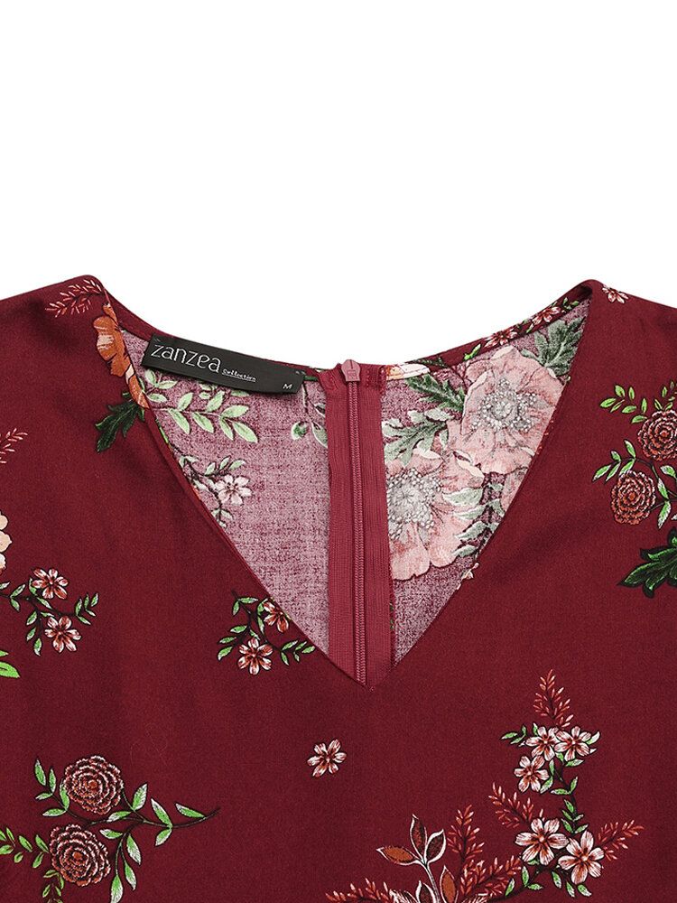 Vestidos Largos De Manga Abullonada Con Cremallera En La Espalda Con Cuello En V Y Estampado Floral Vintage Para Mujer