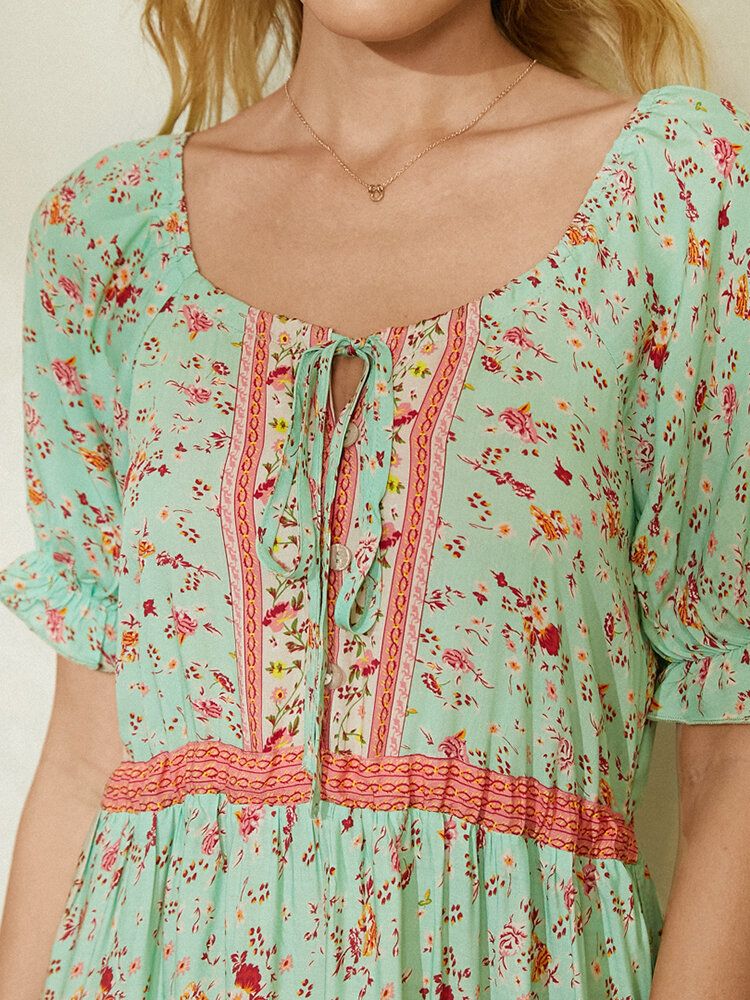 Vestidos Largos De Manga Corta Con Cuello Redondo Y Estampado Floral Bohemio Para Mujer