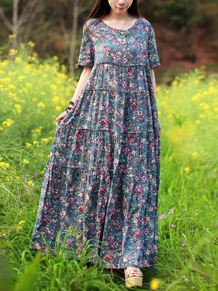 Vestidos Largos De Manga Corta Con Medio Botón Y Estampado Floral Vintage Ditsy Para Mujer